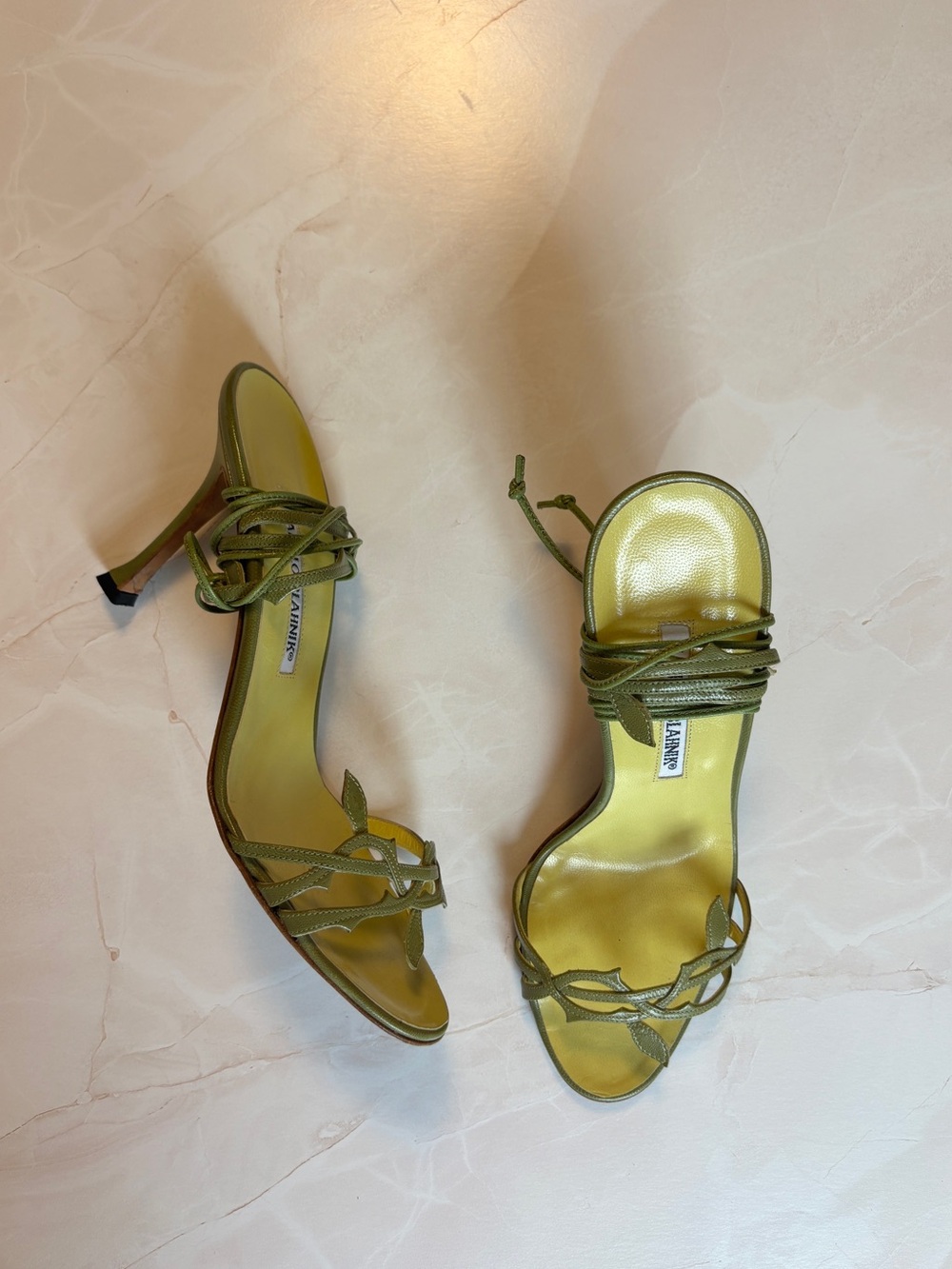 Rare vintage Y2K Manolo Blahnik green vine ankle-tie stiletto sandal